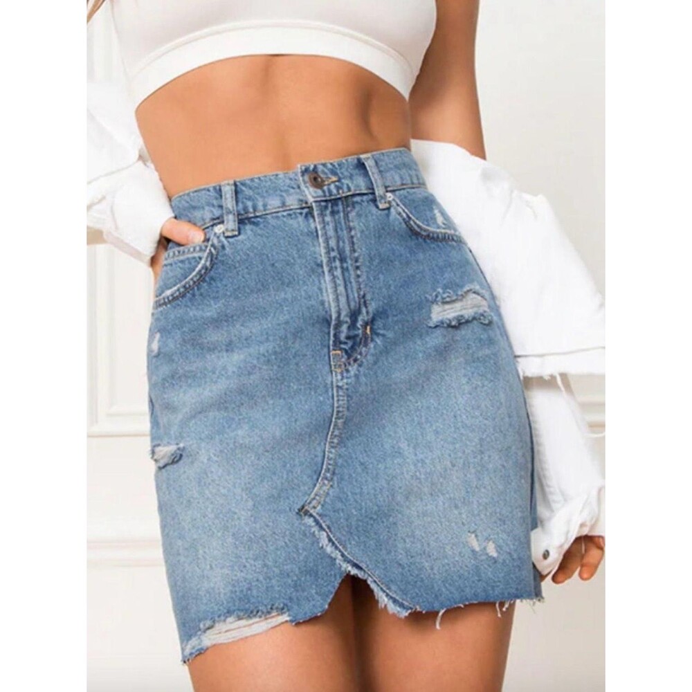 Free People We The Free Hallie Distressed Denim Mini Skirt Blue Raw Hem Size S